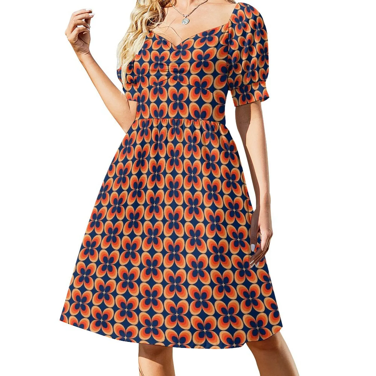 

Retro orange and blue hippie flowers Short Sleeved Dress elegant dresses for women summer dress woman 2025 Dress