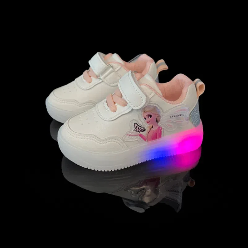 Sepatu LED kasual kulit Disney, sepatu kulit Disney 2024, sepatu LED kasual, sepatu Putri Aisha, sepatu bercahaya Low-top, usia 1-5 Tahun C