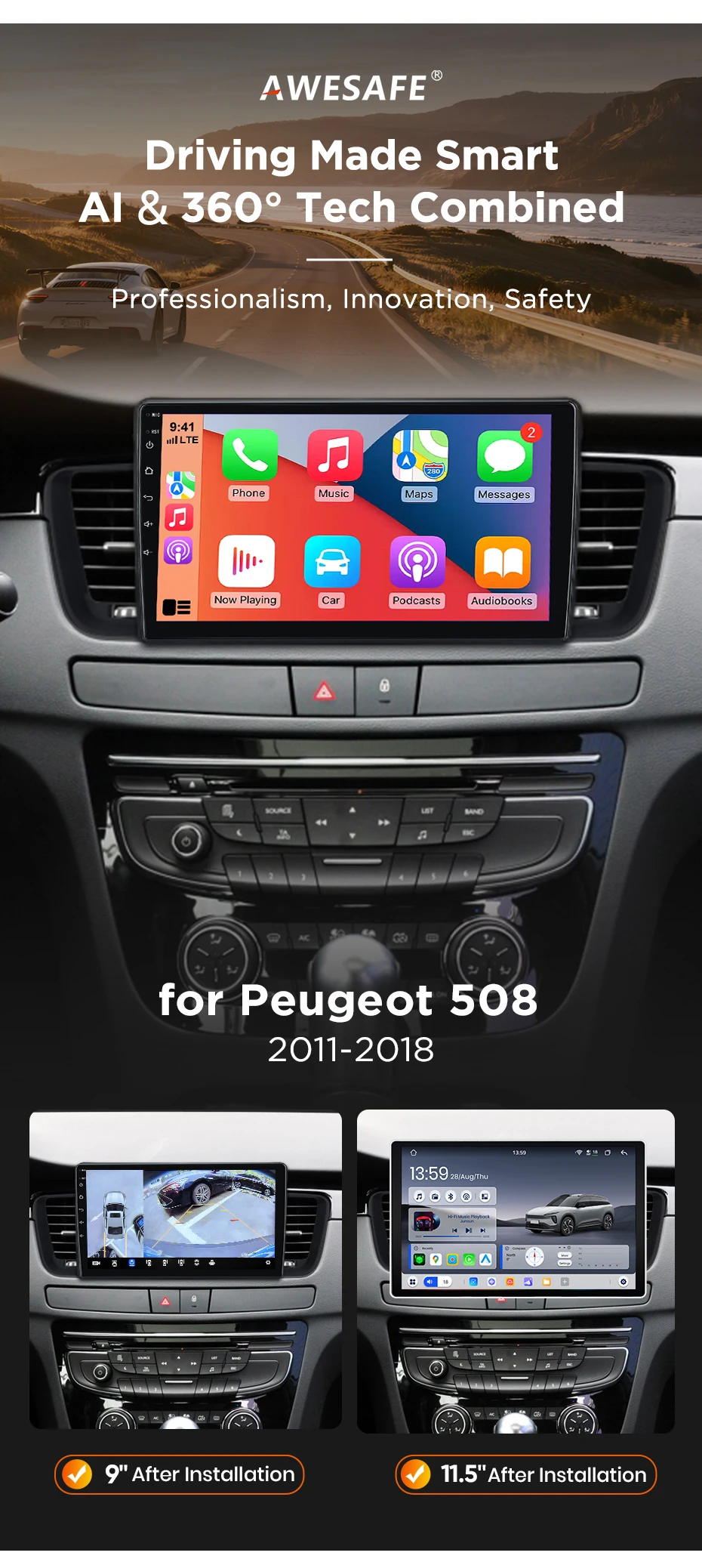 Android Autoradio für Peugeot 508 SW Citroen DS5 C5 2011-2018, kabelloses CarPlay & Android Auto, GPS-Navigation, Multimedia, Lenkradsteuerung