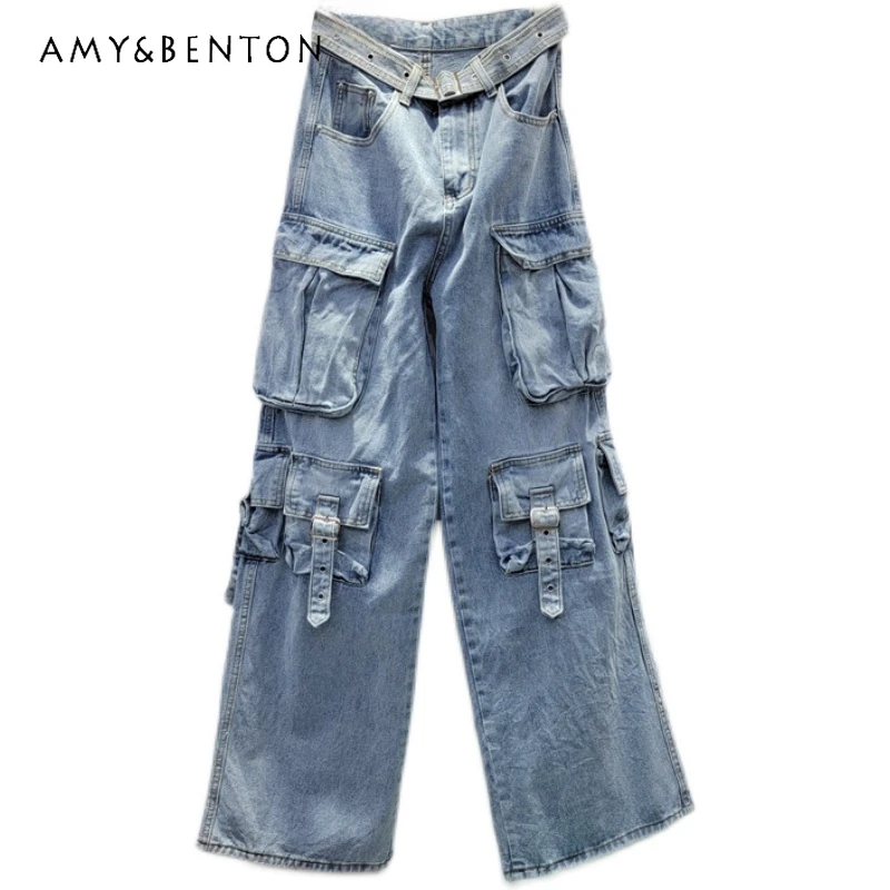 

Fashion Blue Washed High Waist Jeans 2023 Autumn Long Straight Loose Wide-Leg Workwear Denim Pants Baggy Jeans Streetwear Women