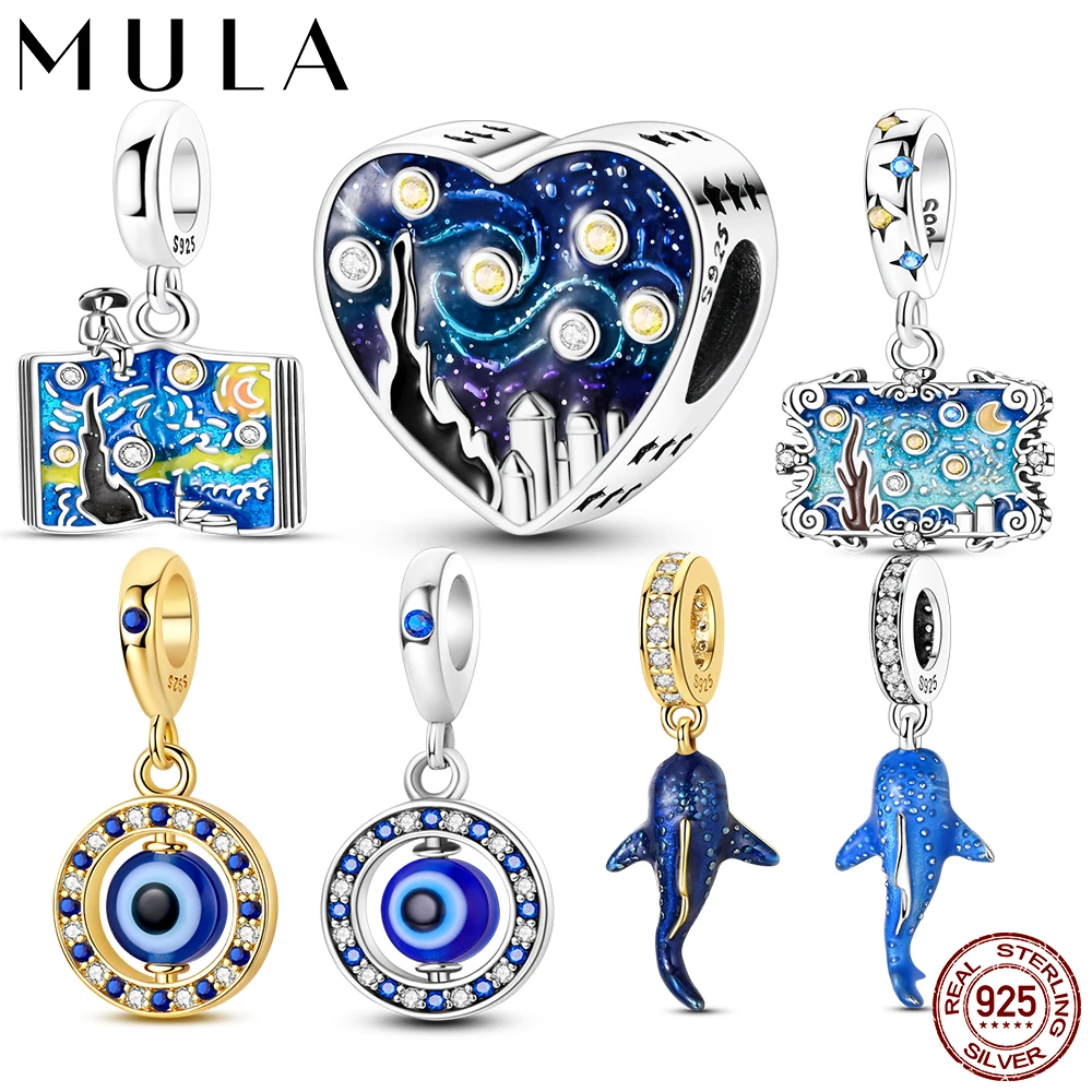 Blauer Charm-Anhänger aus 925er Silber für Armbänder – DIY Wal, Van Gogh Sternenbuch, Sternenmondnacht für Damen-Schmuck