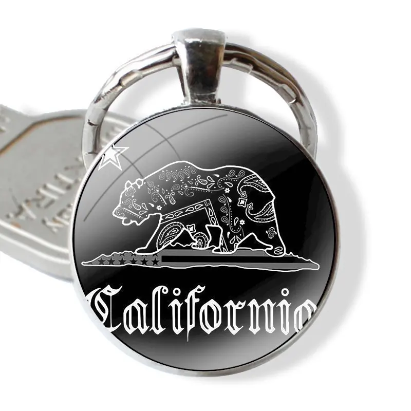 Glass Metal Pendant Key Chain Classic Men Women Key Ring Accessories Jewelry Gifts California flag bear Custom