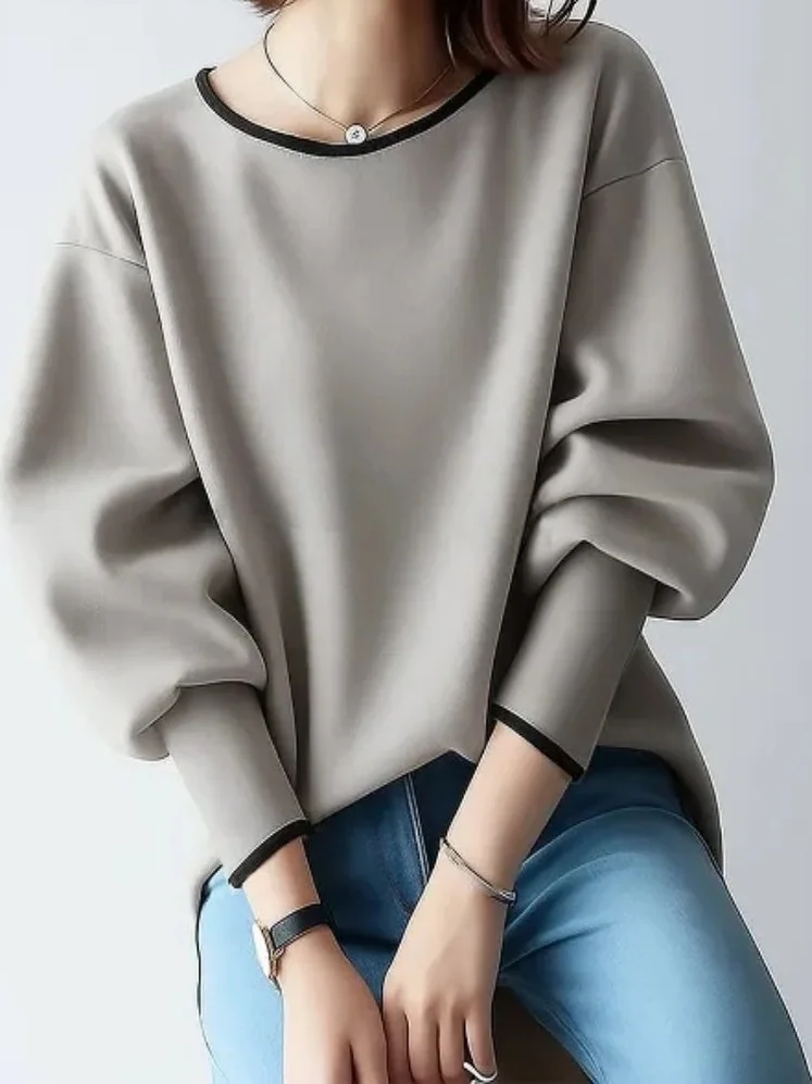 Camiseta japonesa Sle Long Sve redonda Ne Overhead para mujer Faionable Color adelgazante Blo Ci Walk Poliéster versátil...