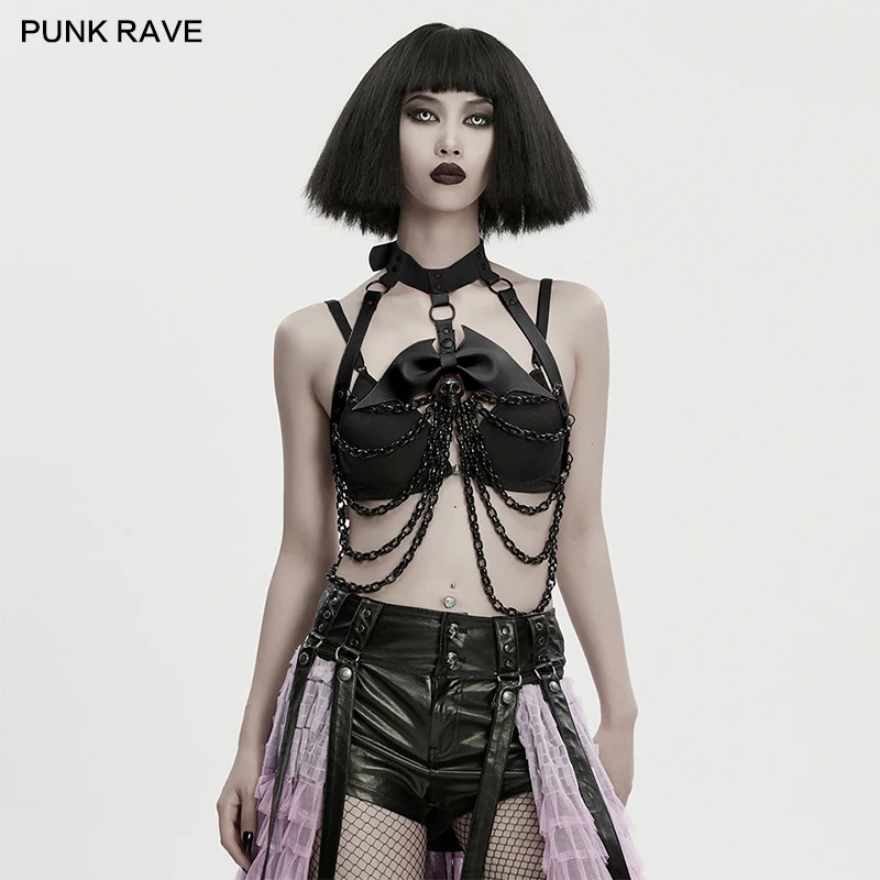 

Женская нагрудная цепь PUNK RAVE с черепом летучей мыши, съемным бантом, в стиле панк, для косплея на Хэллоуин, аксессуар для девочек, в стиле революционного авангарда