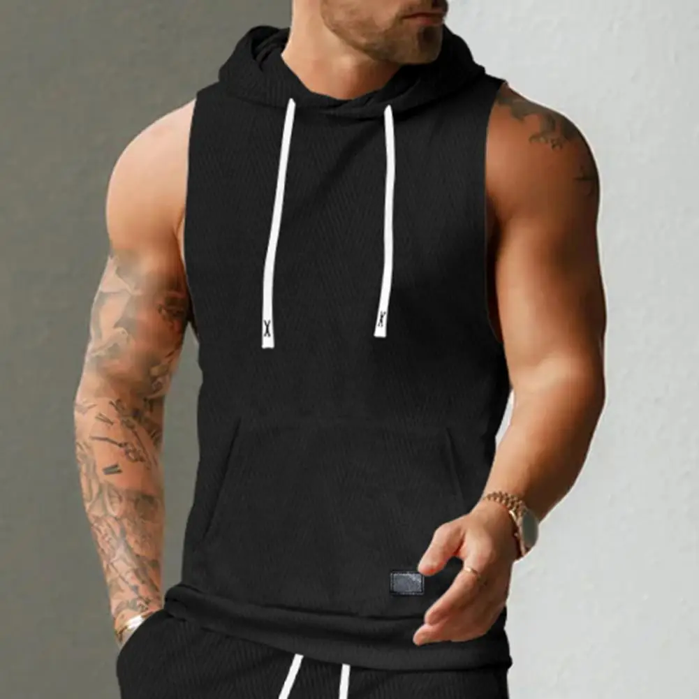 

Men Casual Sleeveless T-shirt Men's Casual Hooded Knitted Vest with Front Pocket Large Pockets Sports Style for Fitness for Men