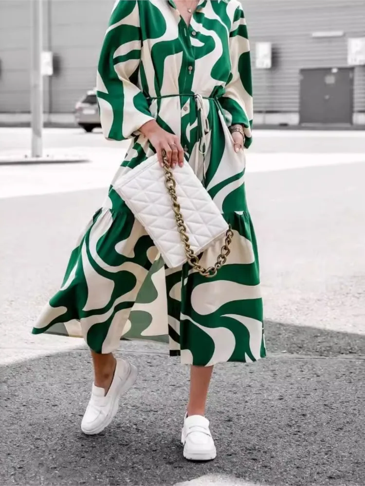 

Autumn Dress Casual Vintage Printed Temperament Dresses Women's Comfortable Of Long Sleeved V-neck Skirt New Commuting Outfits