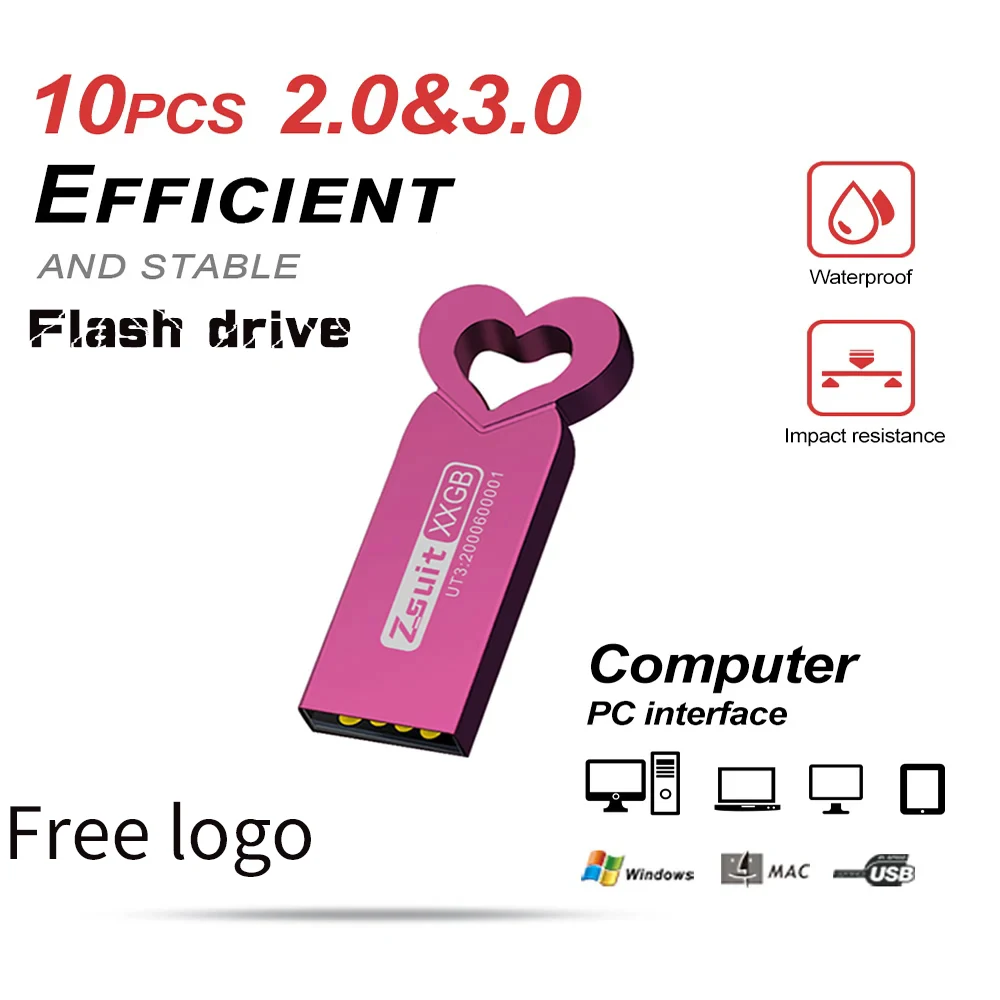 

10Pcs USB Flash Drive 64GB Memory Stick 8GB 16G Metal USB Pen Drive Love Gift U Disk Free Logo Flash Pendrive 3.0/2.0 Free shipp