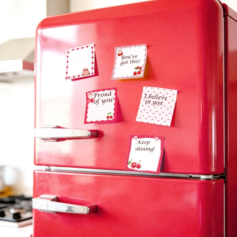 12pcs Red Cherry Memo Pads Set Self-Stick Notes Pads Refrigerator Sticky Notes Cute Stationery for Home Use Office Supplies