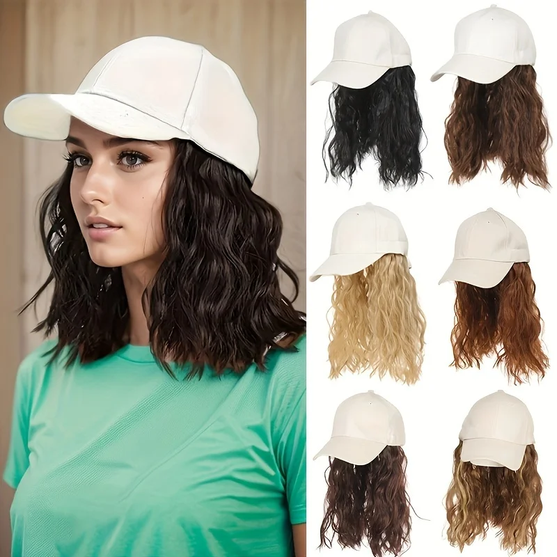 Hat Wig for Women Short Wave Baseball Cap Wig with Curly Synthetic Hair Extensions Adjustable Brown Black Baseball Hat Wig