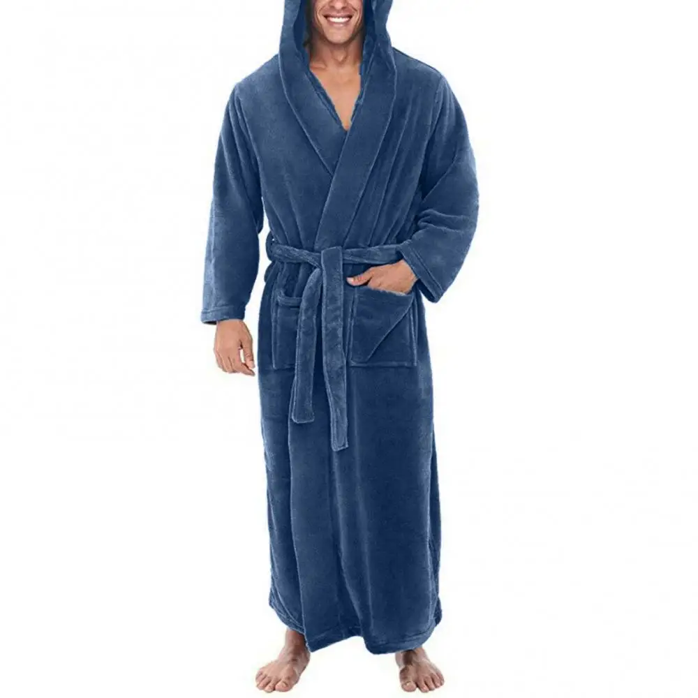 

Men Coral Fleece Solid Color Pockets Long Bath Robe Home Gown Sleepwear Pajamas Thermal Underwear Homewear