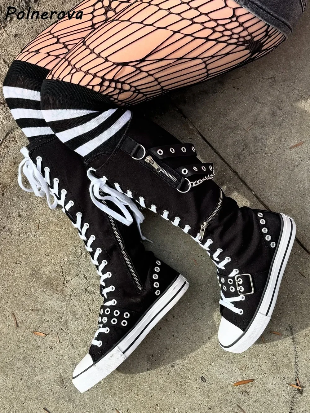 Flat Canvas Metal Chain Boots Round Toe Stripes Cross Tied Lace Up Knee High Boots Women's Fashion Mixed Color Leisure Shoes image 4