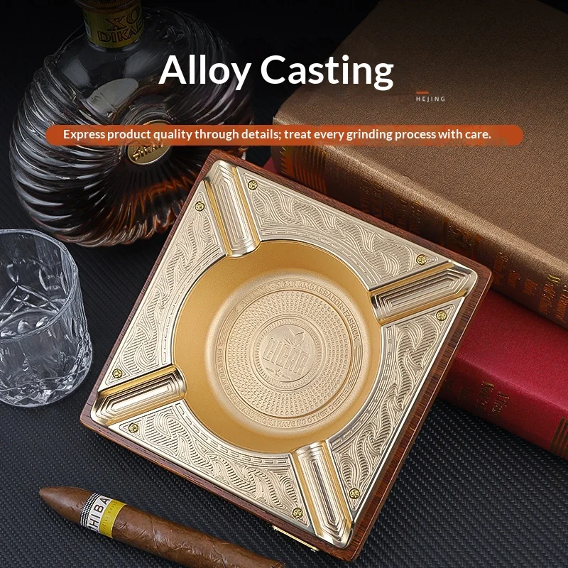 Premium Large Cigar Ashtray 4 Slot, Zinc Alloy Metal Ashtray with Wood Base, Vintage Creative Smoking Gift for Home Office