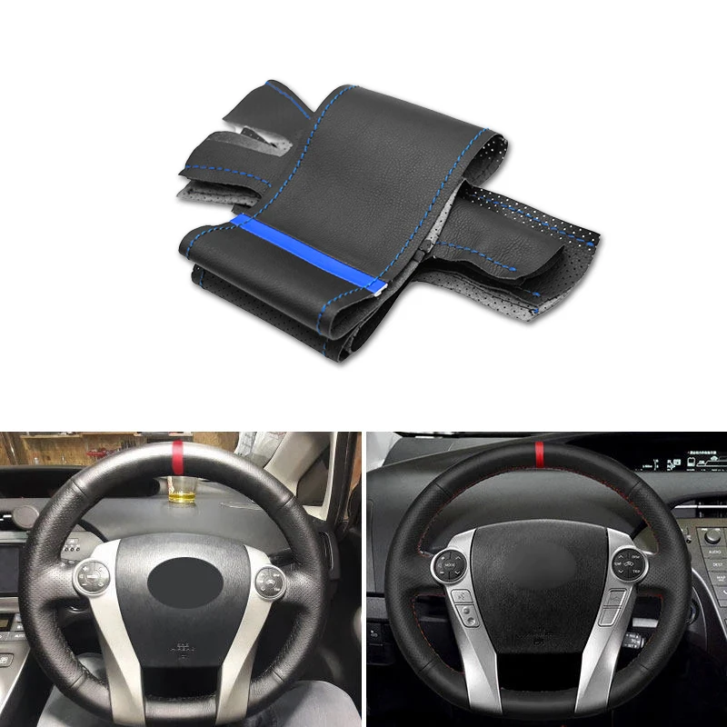 

Car Steering Wheel Cover Leather Trim For Toyota Prius 30 XW30 2009 2010 2011 - 2015 Prius C US 2012 -2017 Black with blue strip