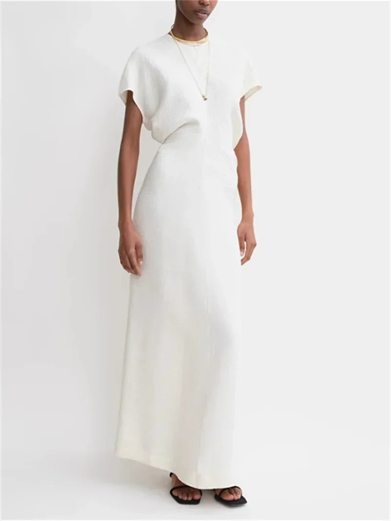 Vestido drapeado minimalista a media pantorrilla para mujer, 2 colores, plisado, cuello redondo, cremallera, bata elegante para mujer, verano 2025