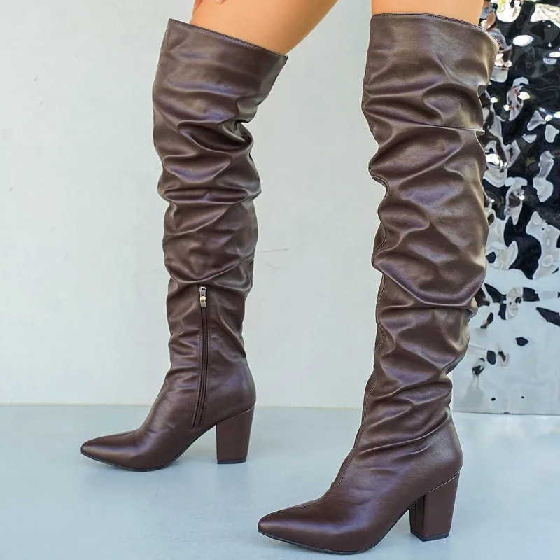 Pointed Toe Pile Over The Knee Thigh Boots Women 2026 New Autumn and Winter Side Zipper High Heels