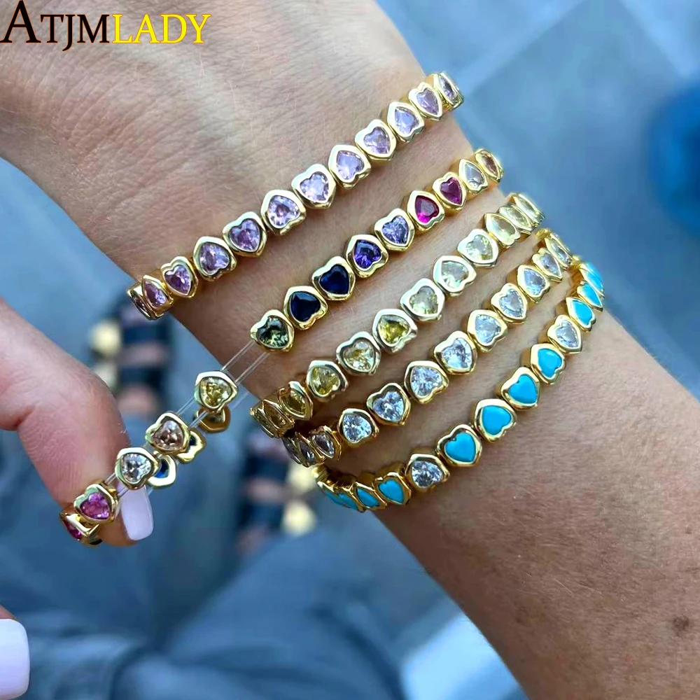 Gold Farbe Liebe Armreif Für Frauen Liebe Geformte Armbänder Zirkon Stretchy Stretch Tennis Kette Armband Mode Einstellen Schmuck