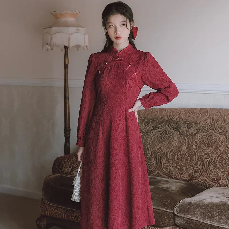 Modernized Chinese Dress Red Long Sleeve Autumn Collection For Women Youthful Style Marriage Keiki Formal Gown