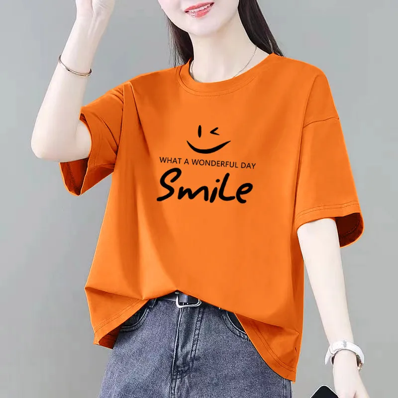 オレンジ色の痩身女性用 T イルト夏カジュアルオルトスルーフィットハイファイオン韓国スレコットンブレンドトップ