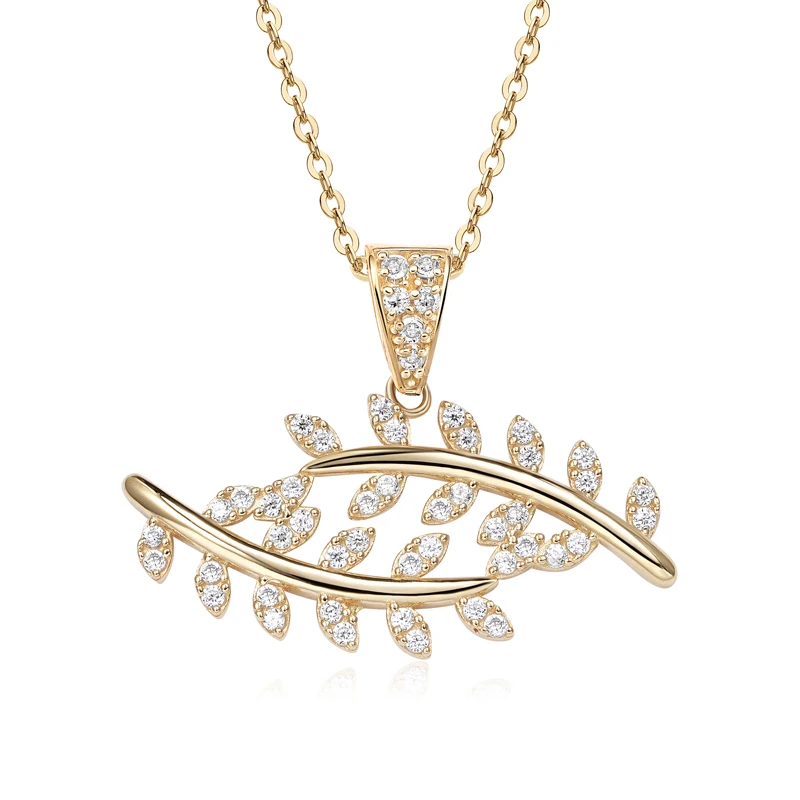 

Raprgold 14K Solid Gold Cubic Zirconia Leaves Pendant with 925 Silver Link Chain 20'' Woman Exquisite Everyday Jewelry