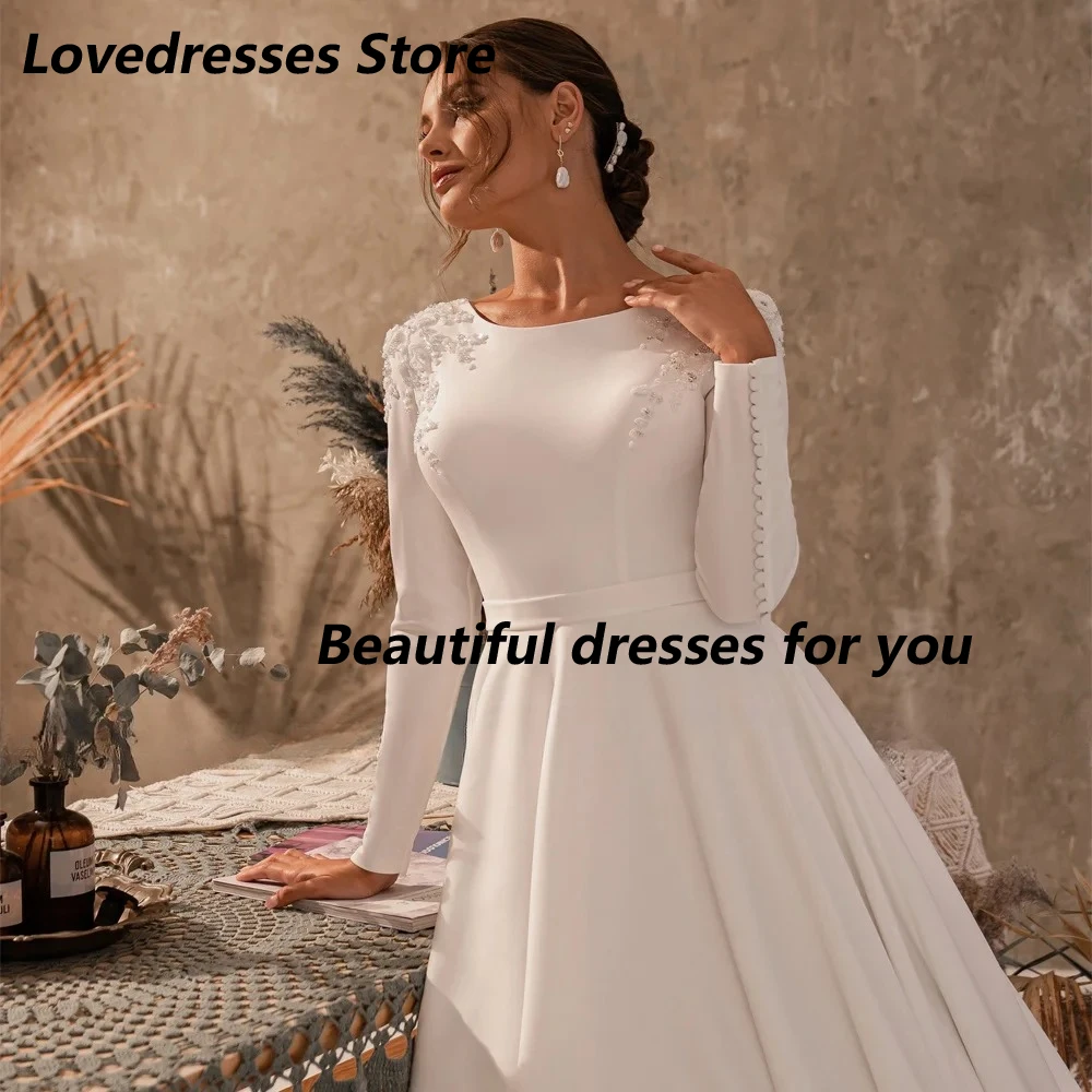 Round Neck Long Sleeves Wedding Dress Customized Elegant Beading Pearls Buttons A Line Sweep Train Vestidos De Novia Bride Gown