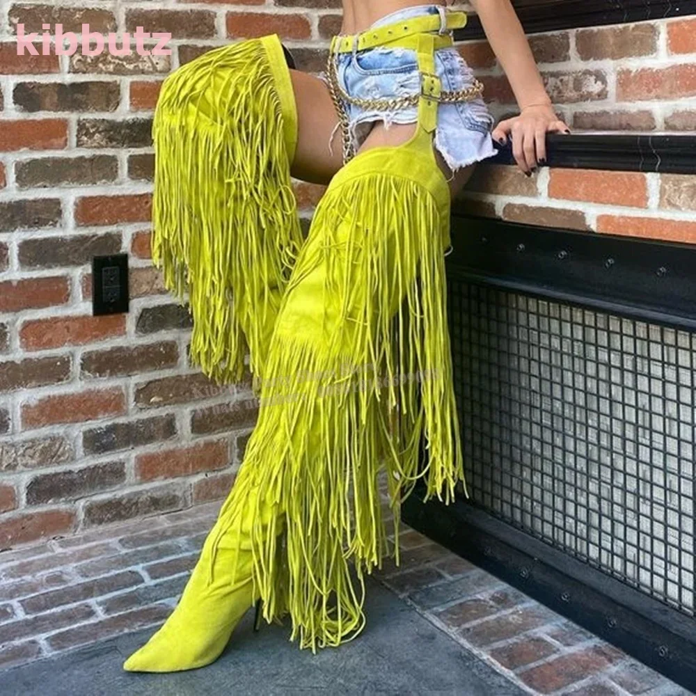 Over The Knee High Boots Tassel Fringe Belted Chaps Pointed Toe Thin Heel Side Zipper Solid Color Suede Fashion Novelty Sexy New