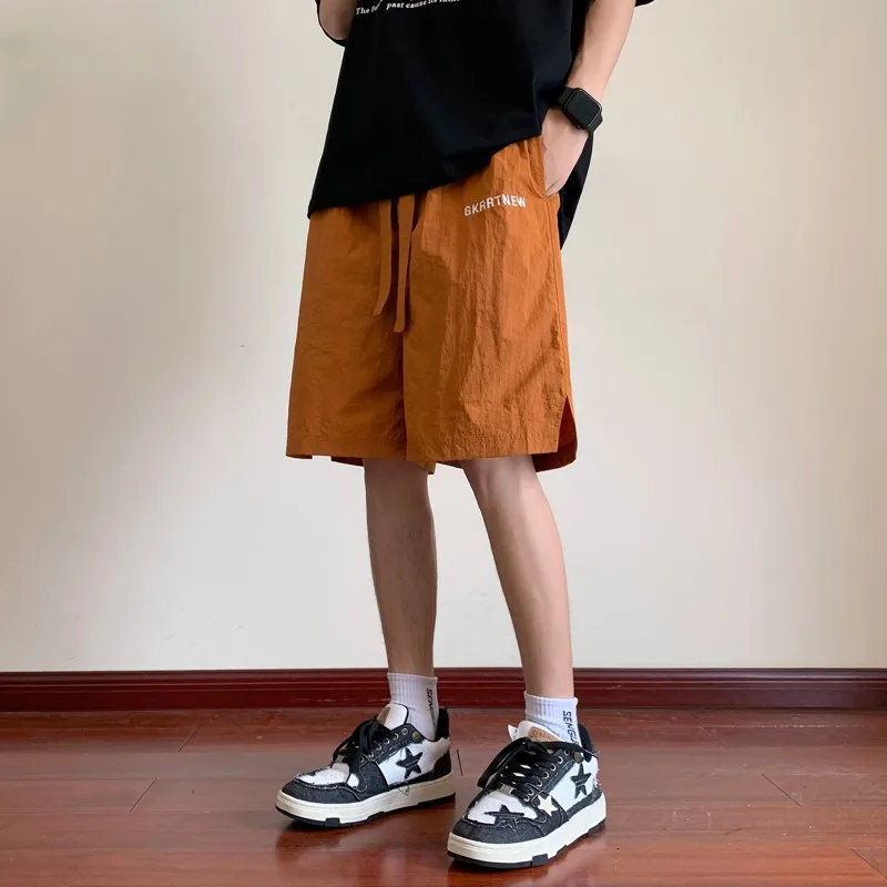 Summer Men's Trendy Shorts Drawstring Casual Sports Shorts High Street Hip Hop Solid Color Loose Dry Harajuku Sports Shorts