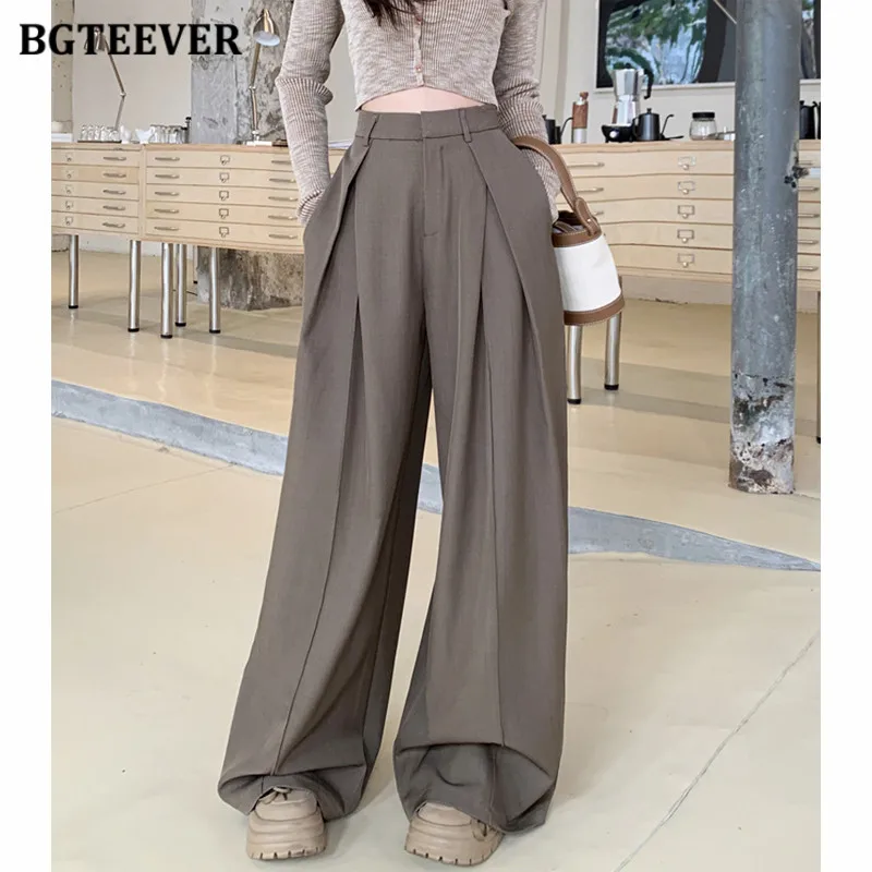 

BGTEEVER стильные длинные брюки с высокой талией для женщин, элегантные женские широкие брюки с карманами