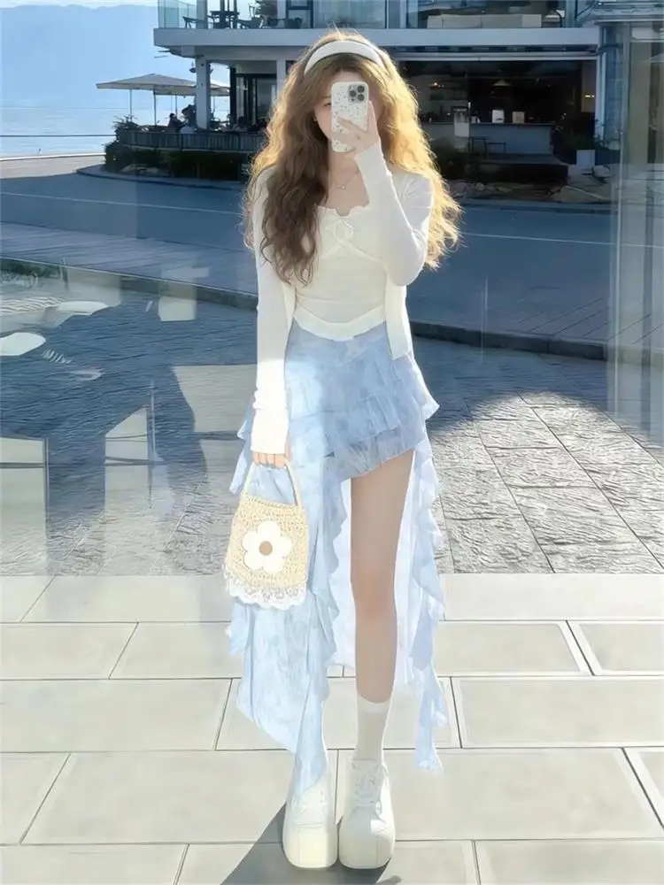 Vacation Style Versatile Simple Matching Open Cardigan Irregular Splicing Design Half Skirt Three Piece Set Women's Fashion