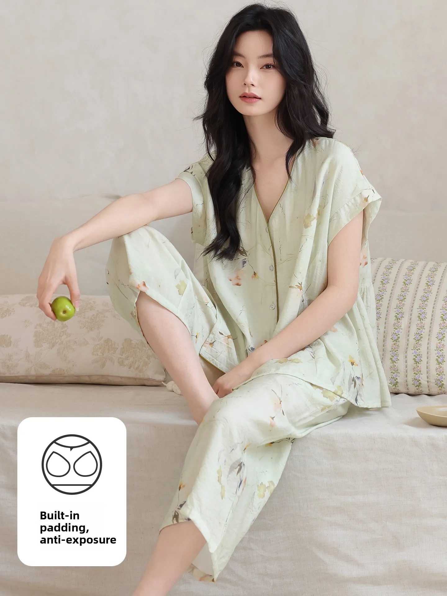 ladies-summer-sleepwear-set-with-chest-pad-loose-fit-short-sleeve-open-cardigan-lyocell-fiber-home-clothes-v-neck-button