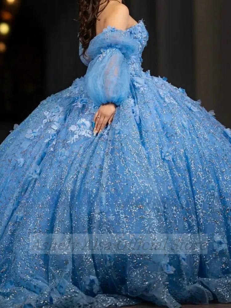 Vestido azul claro Princesa Quinceanera, Árabe Saudita, Brilhante, Manga Ilusiva, Vestido de Baile de Festa de 16 Anos, 15 Anos