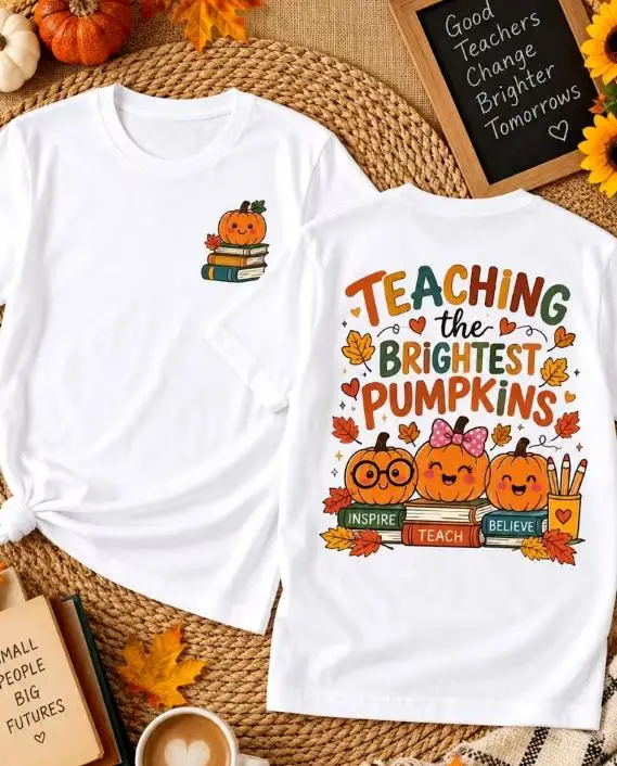 Double Sided Teaching the Brightest Pumpkins Shirt Women Fall Pumpkin Teacher Tee Casual Books Pencils Graphic T Shirts Top