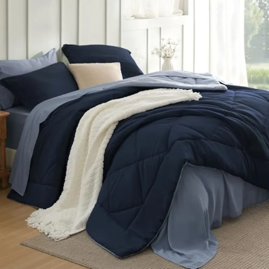 

Blue Queen Comforter Set - 7 Pieces Reversible Navy Blue Bed in a Bag, Blue Comforter Set Queen Size for All Seasons with 1 Fla