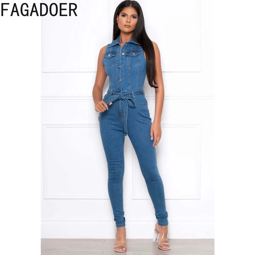 FAGADOER jumpsuit balutan Bodycon kancing Fashion Denim jumpsuit wanita kerah Turndown tanpa lengan playsuit ramping overall koboi kasual