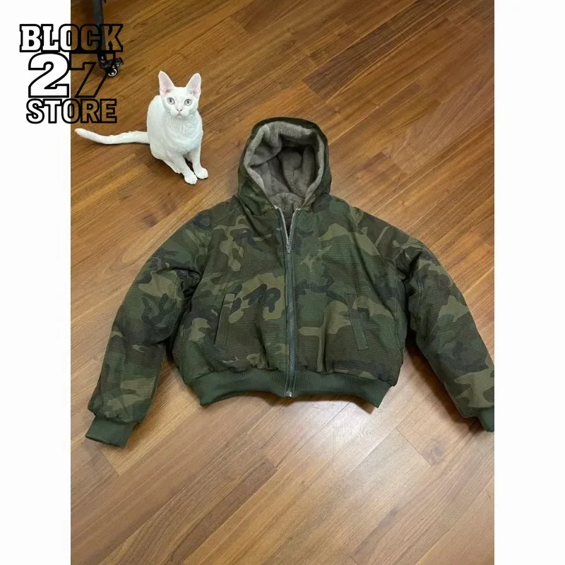 Harajuku Men Camo Puffer Jacket Winter Thick Warm Hooded Short Coat American Vintage Style Fleece Lined Loose Casual Outwear New