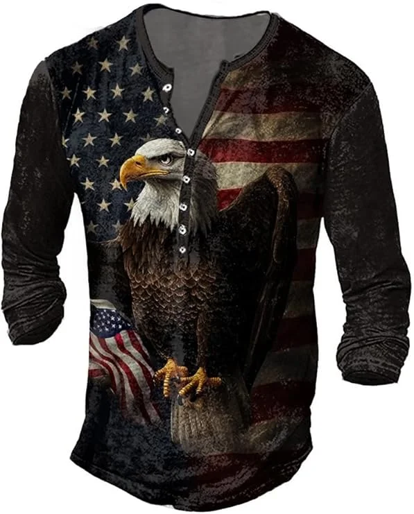 

Мужские рубашки на пуговицах с американским флагом и орлом, повседневные футболки с v-образным вырезом и длинными рукавами на пуговицах для мужчин, винтажные футболки, топ