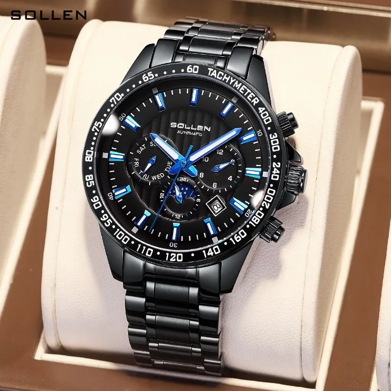 

SOLLEN Brand High-end Men Mechanical Watch Stainless Steel Waterproof Date Week Fashion Moon Phase Luxury Automatic Watches Mens