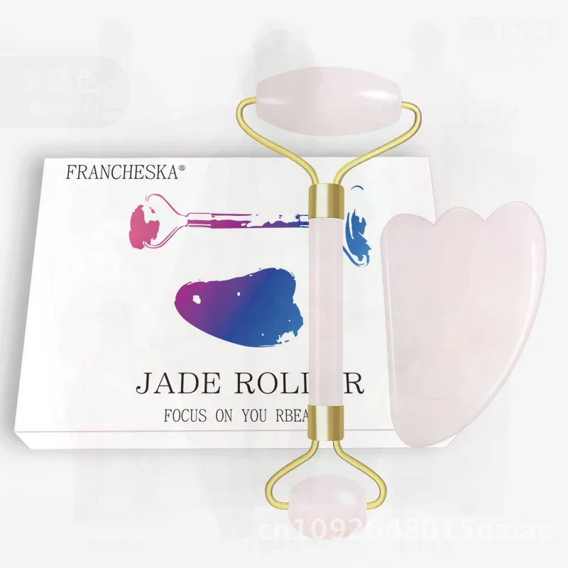 Set di rulli a doppia testa in giada rosa Strumenti di bellezza Raschietto per il viso Scatola colorata Dispositivo di sollevamento facciale non elettrico multifunzionale