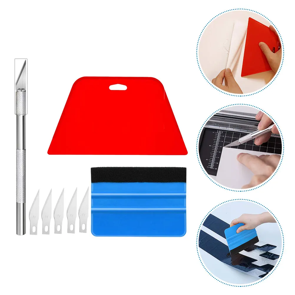

8-Piece Car Tint Tool Kit Red Scraper Blue Carving 5 Blades Vinyl Wraps Window Tint Installation Automotive Film Aluminum