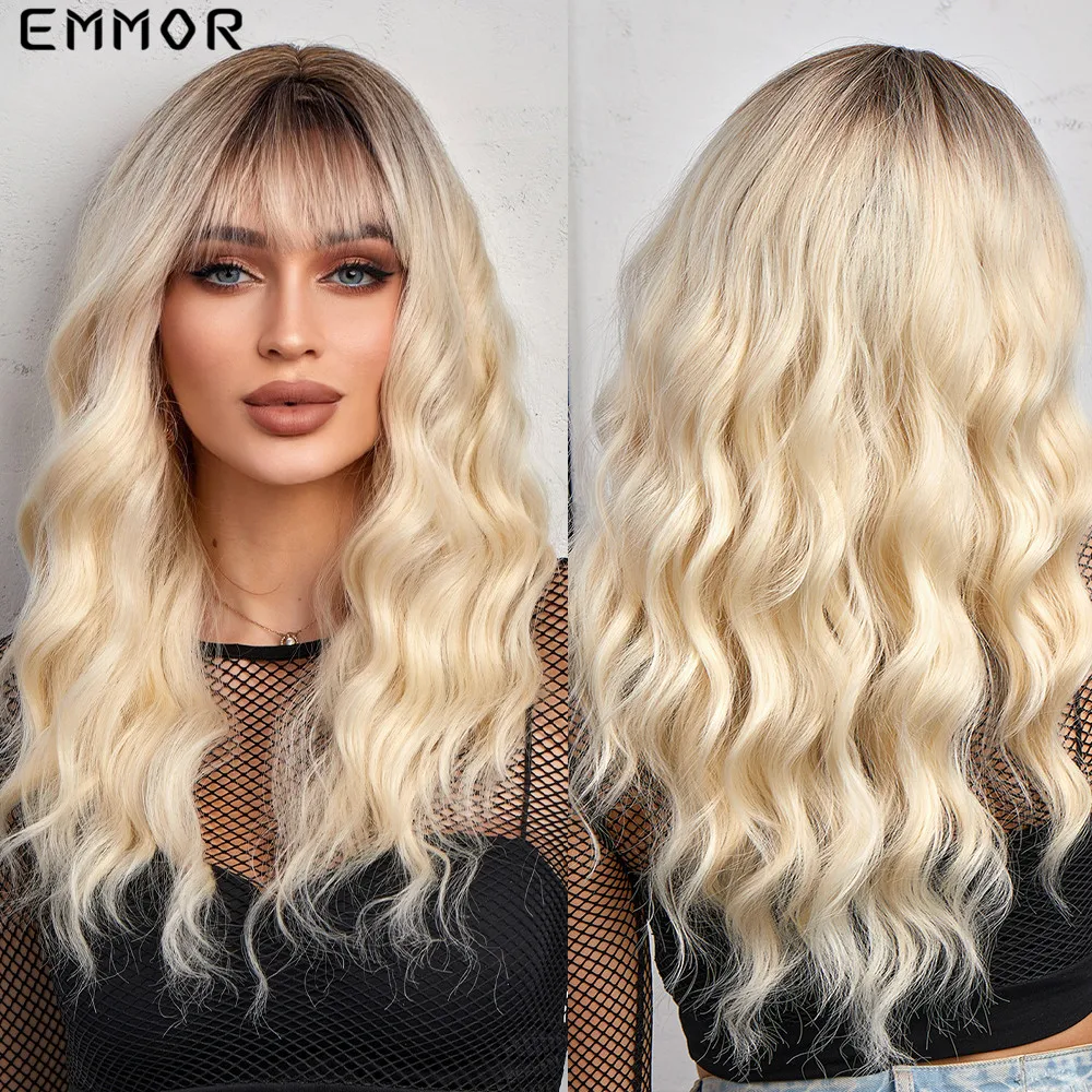 

Emmor Synthetic Long Ombre Dark to Blonde Wigs for Women with Bangs Long Wavy Wig Party Daily Heat Resistant Fibre Hair Wigs