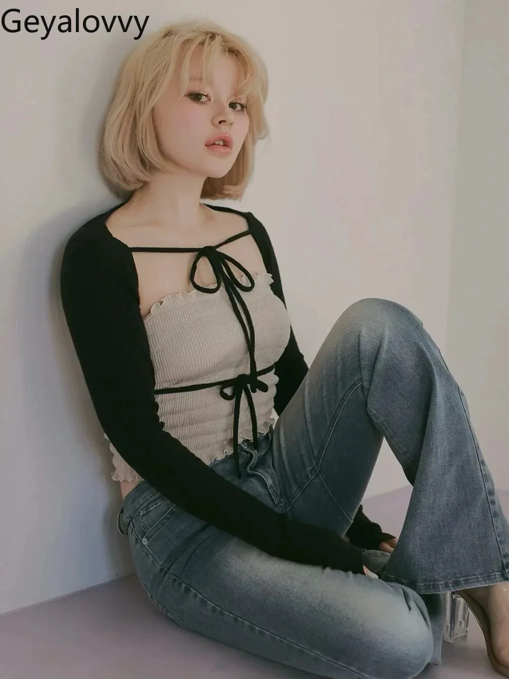 Japanese Style Elastic Tube Top Long Sleeve Knitted Blouse Lace-up Two-piece Set Knitting Shirt for Women Spring Autumn