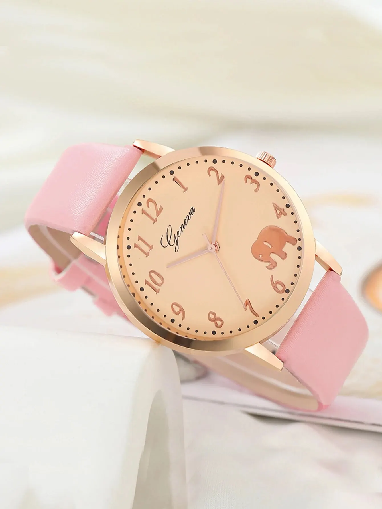 2PCS Ladies Fashion Simple Digital Elephant Leather Quartz Watch Ceramic Coffee Bracelet Love Pink Birthday Christmas Gift Set