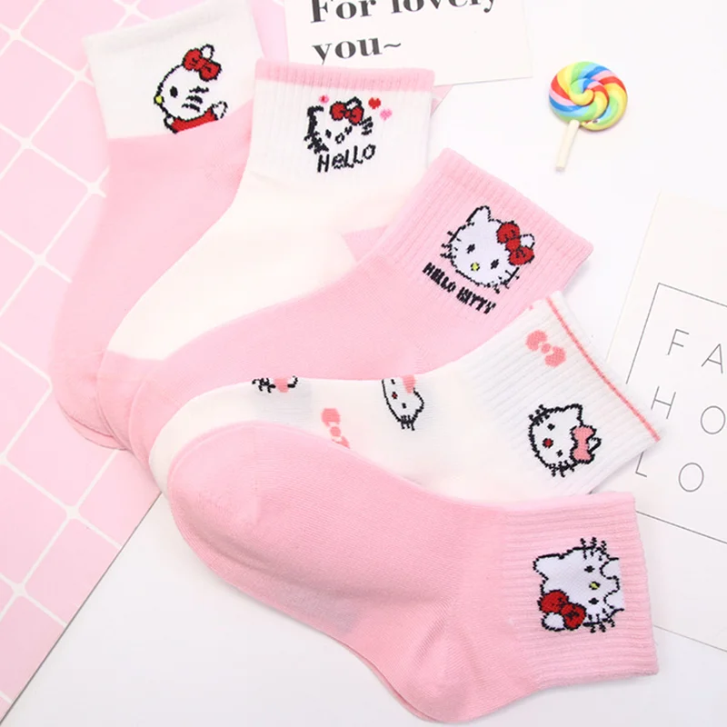 5pcs Kawaii Sanrio Hello Kitty Socks Childrens Cute Anime Pink Medium Socks Versatile Solid Color Short Socks Christmas Gift