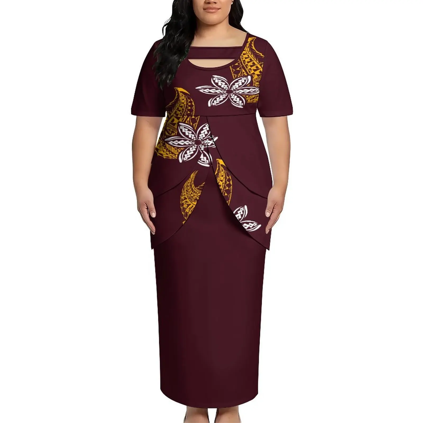 

High-Quality Customizable Printed Polynesian-Style Ladies Double Slit Skirt With Pleated Hem Puletasi Elegant Suit Dress