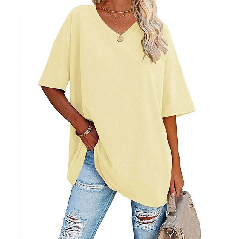 

Cotton Loose V Neck Black White Blue Brown Short Sleeve T Shirt Women Elegant Cotton Short T shirt Female Office Women's Summer