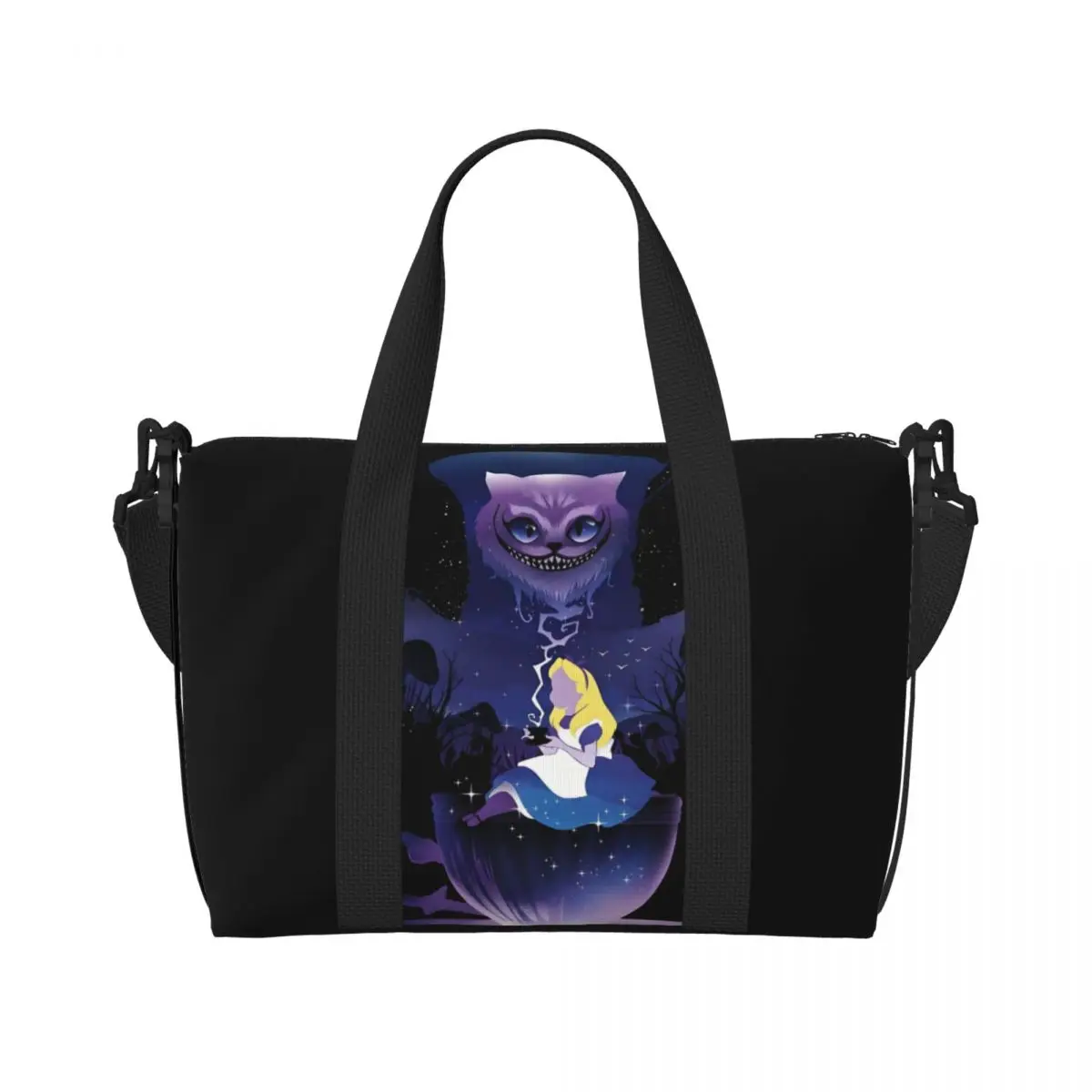 

Custom Cheshire Cat Beach Tote Bag for Women Extra Large Gym Carry On Alice In Wonderland Travel Shopping Bags