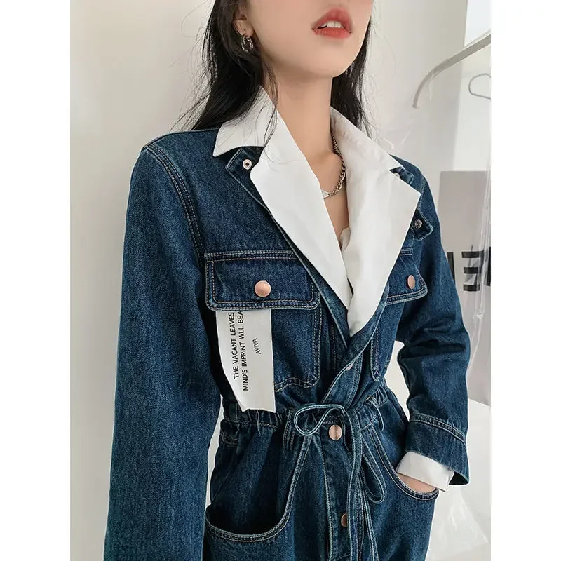 Jumpsuit Vintage Sabuk Katun Panjang Penuh Pinggang Tinggi Lengan Panjang Kerah Berlipat Turun 2023 Musim Semi Musim Gugur Jeans Gaya Euro-amerika