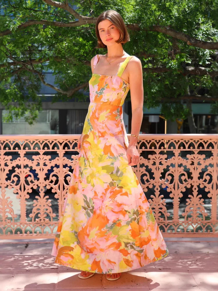 2025 zomermode nieuwe dames elegante bohemien stijl jurk vakantiestijl riem gedrukt temperament a-lijn grote schommelrok