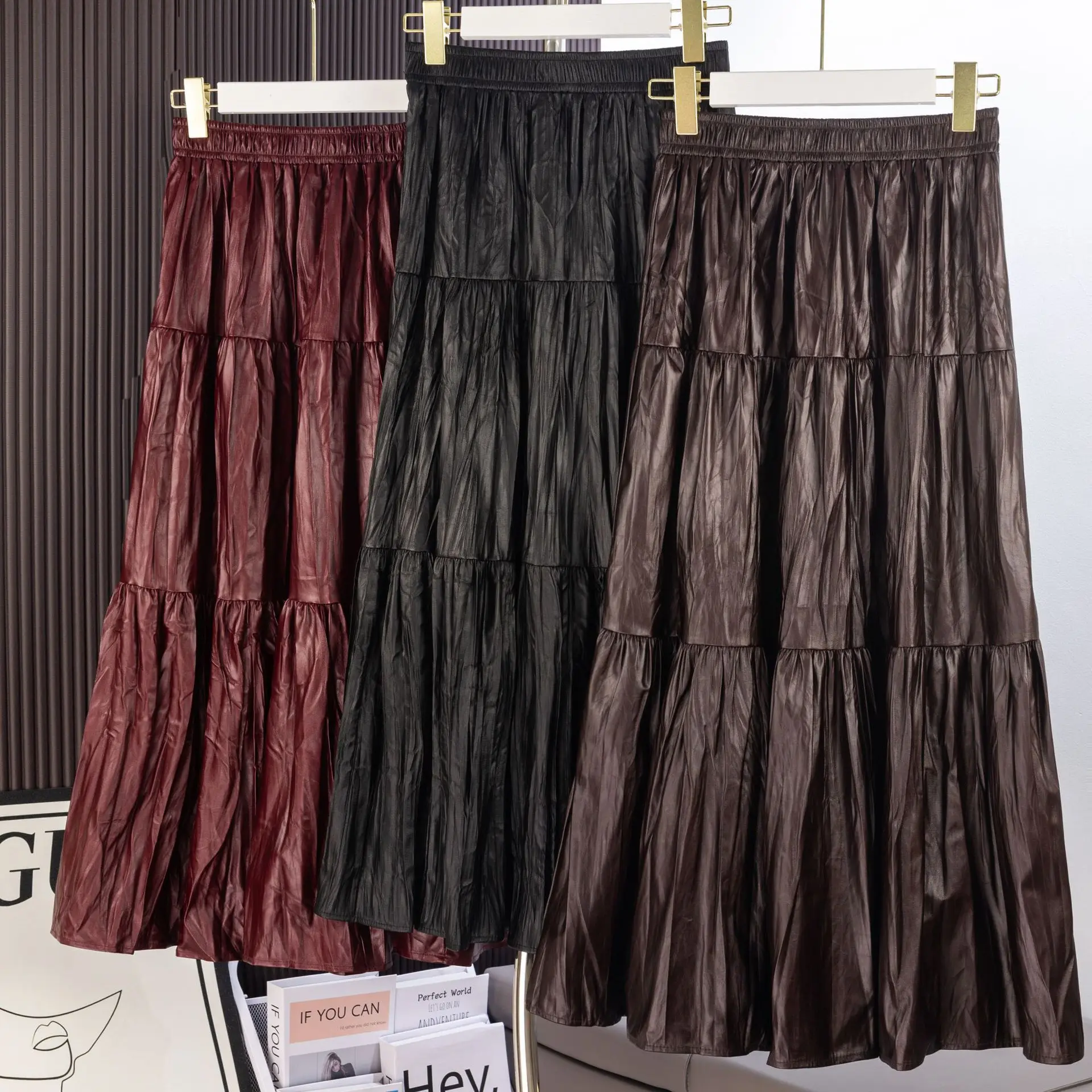 2025 Autumn Winter Vintage Pleated Midi Long Skirt High Elastic PU Leather Tiered A-line Patchwork Women Teen-girls Outfits