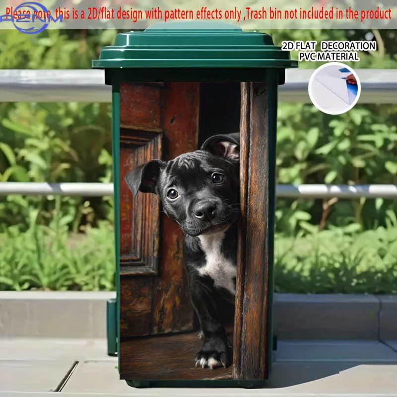 2D Flat Printing 1pc 2D Pattern Printed Kitchen Trash Can Sticker xcm, Cute Dog Peeking Behind Wooden Door Themed Kitchen Home