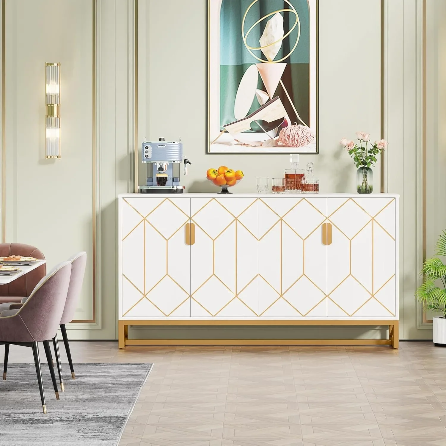 Buffet Cabinet with 2-Tier Storage, 59 inches Sideboard with 4 Doors, Modern Wood and Metal Storage Cabinet for Kitchen